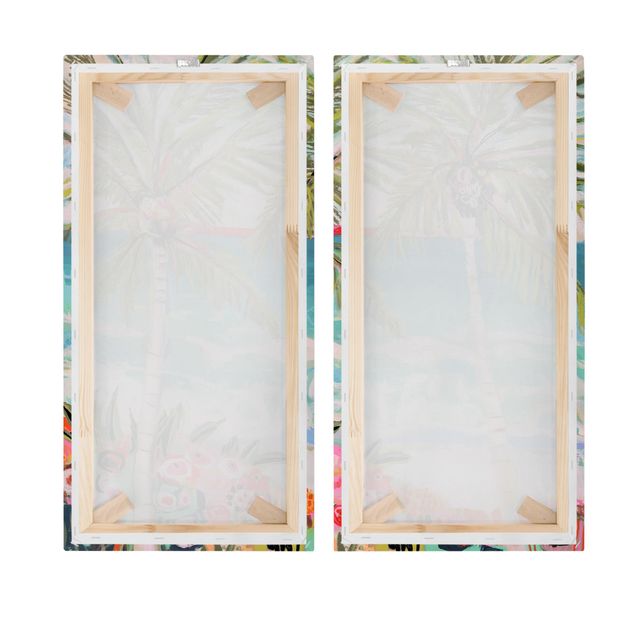 Canvas schilderijen - 2-delig  Palm Tree With Pink Flowers Set I
