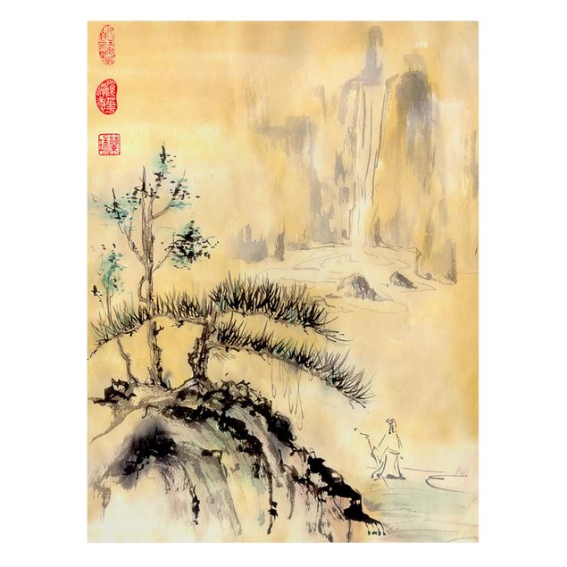 Canvas schilderijen Japanese Watercolour Drawing Cedars And Mountains