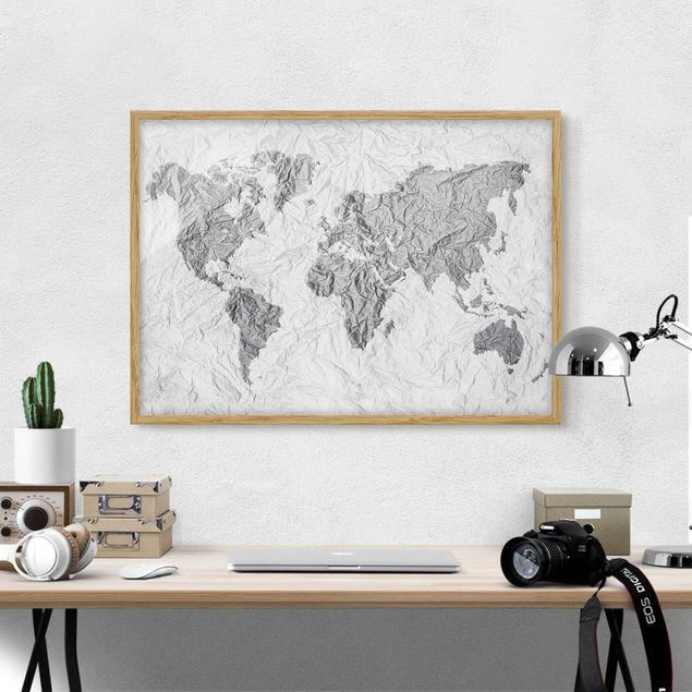 Ingelijste posters Paper World Map White Grey