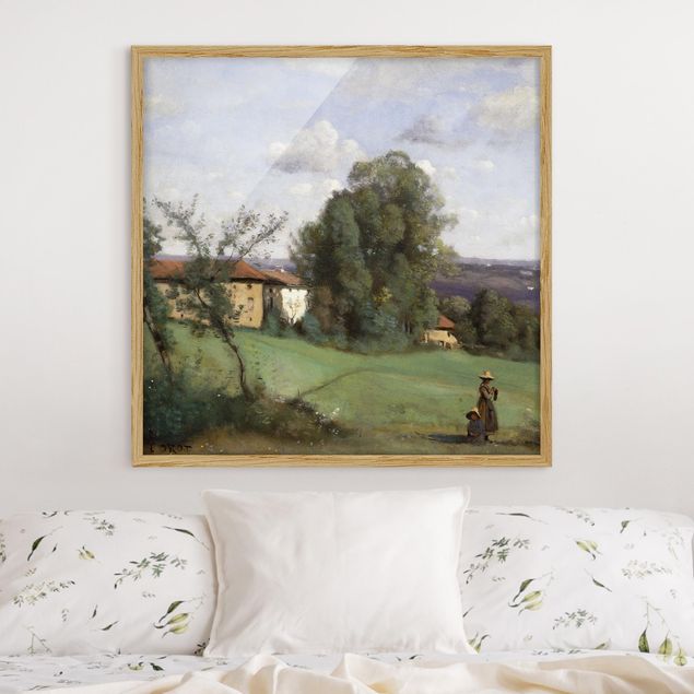 Ingelijste posters Jean-Baptiste Camille Corot - A Farm in Dardagny