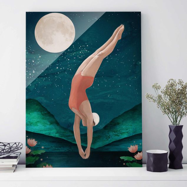 Glasschilderijen Illustration Bather Woman Moon Painting
