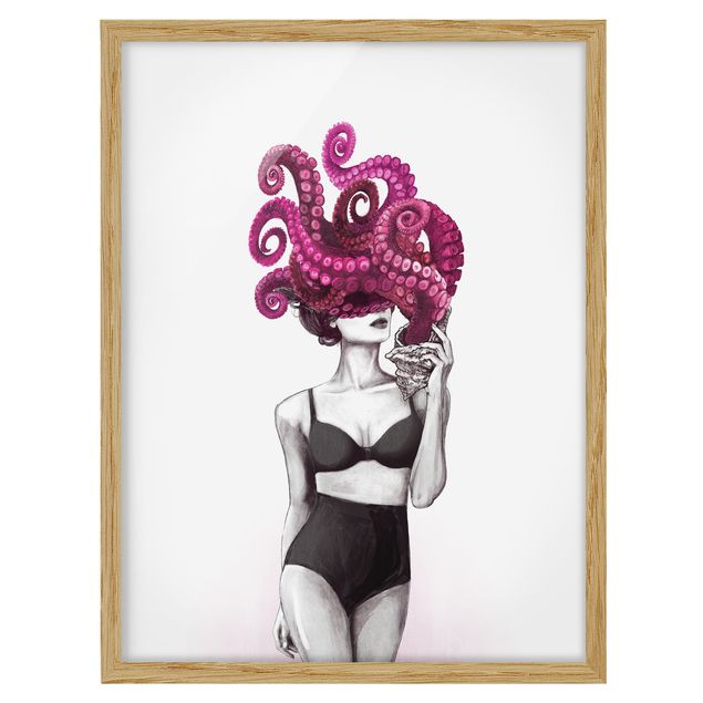 Ingelijste posters Illustration Woman In Underwear Black And White Octopus