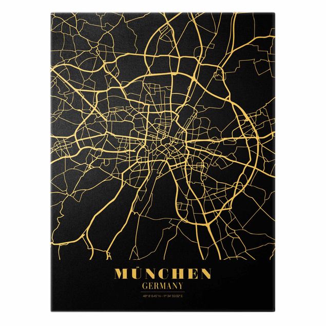 Canvas schilderijen - Goud Munich City Map - Classic Black