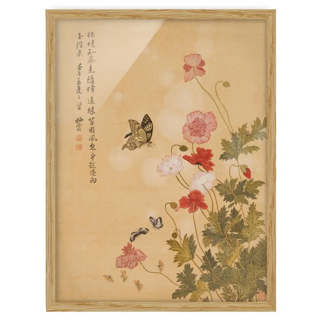 Ingelijste posters Yuanyu Ma - Poppy Flower And Butterfly