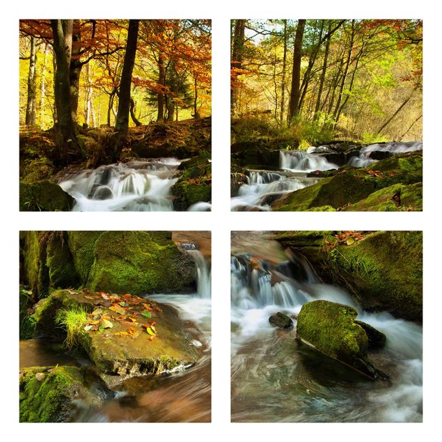 Canvas schilderijen - 4-delig Waterfall Autumnal Forest