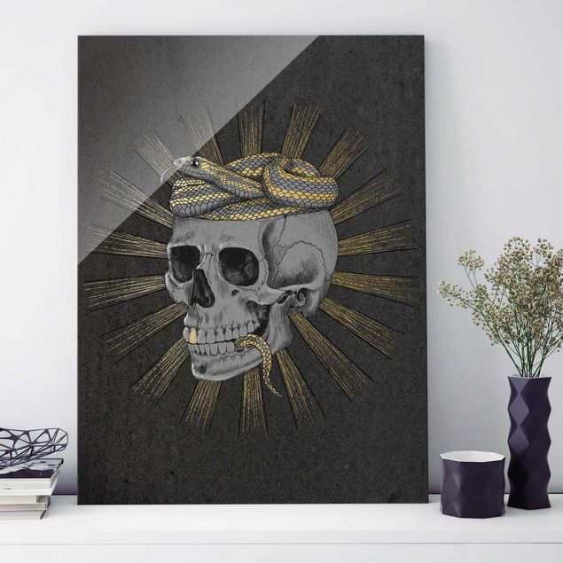 Glasschilderijen Illustration Skull And Snake Black Gold