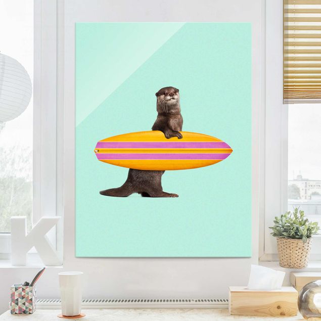 Glasschilderijen Otter With Surfboard