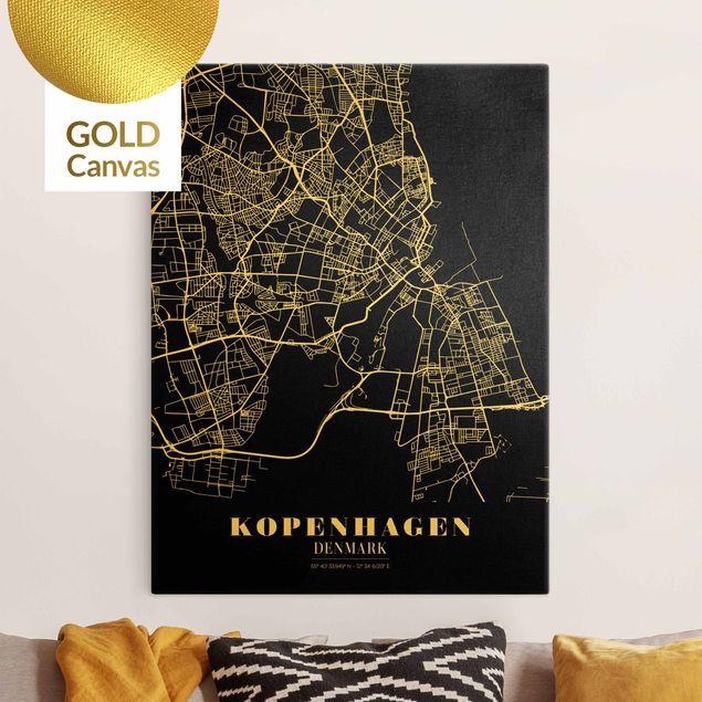 Canvas schilderijen - Goud Copenhagen City Map - Classic Black