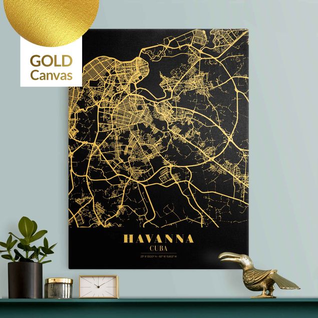 Canvas schilderijen - Goud Havana City Map - Classic Black