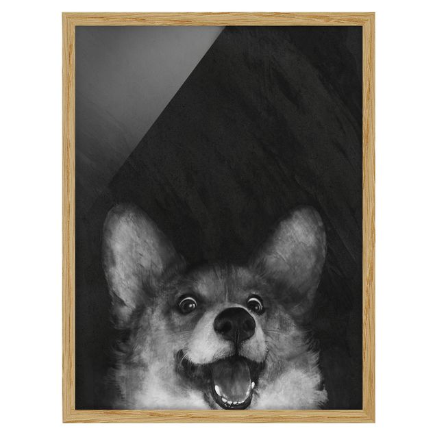 Ingelijste posters Illustration Dog Corgi Paintig Black And White