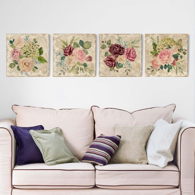Canvas schilderijen - 4-delig Vintage Roses And Hydrangeas