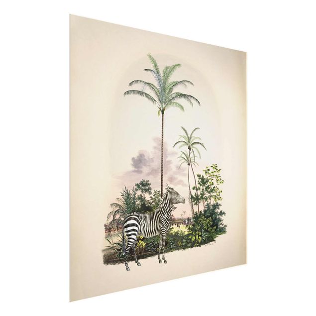 Glasschilderijen Zebra Front Of Palm Trees Illustration