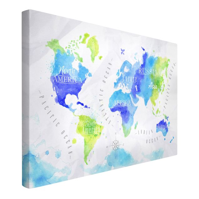 Canvas schilderijen World Map Watercolour Blue Green