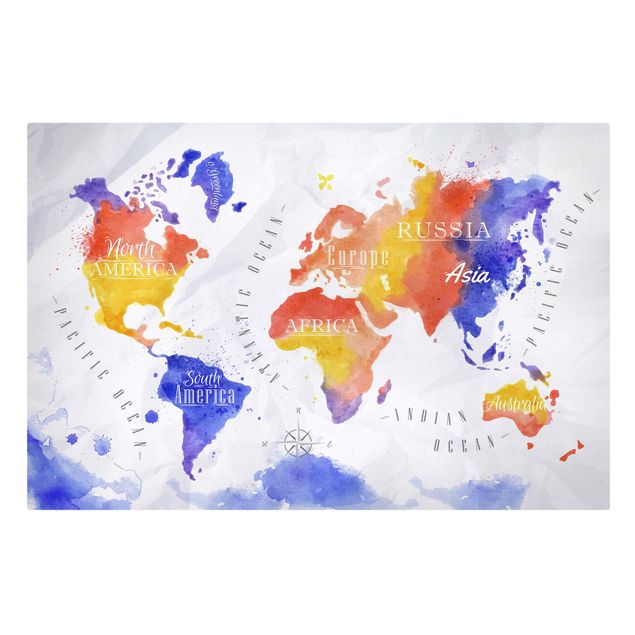 Canvas schilderijen World Map Watercolour Purple Red Yellow