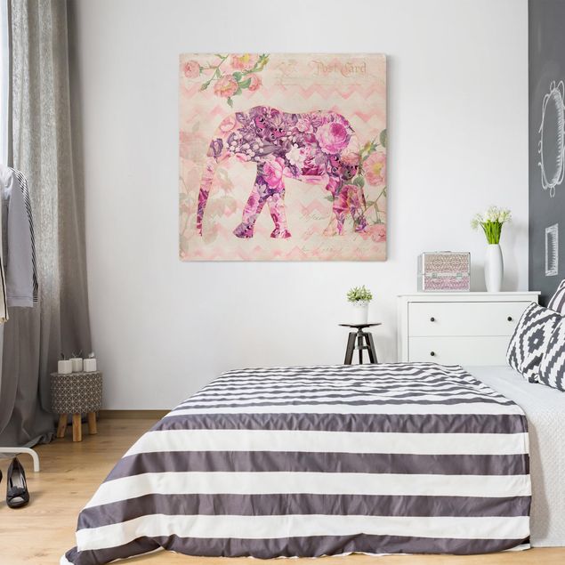 Canvas schilderijen Vintage Collage - Pink Flowers Elephant