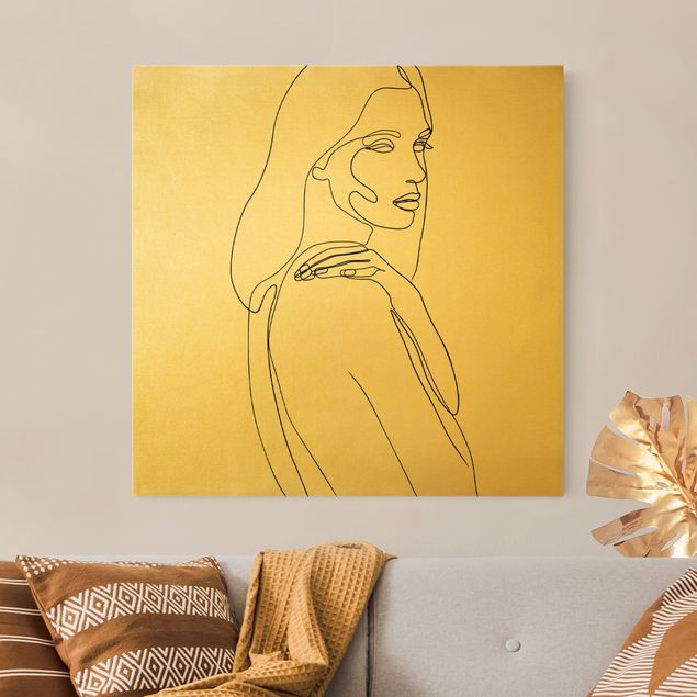 Canvas schilderijen - Goud Line Art Woman Shoulder Black And White