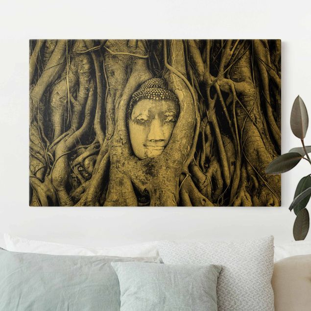 Canvas schilderijen - Goud Buddha in Ayuttaya Framed By Tree Roots In Black And White