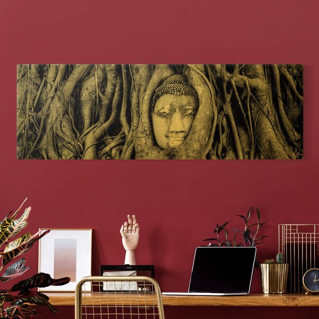 Canvas schilderijen - Goud Buddha in Ayuttaya Framed By Tree Roots In Black And White