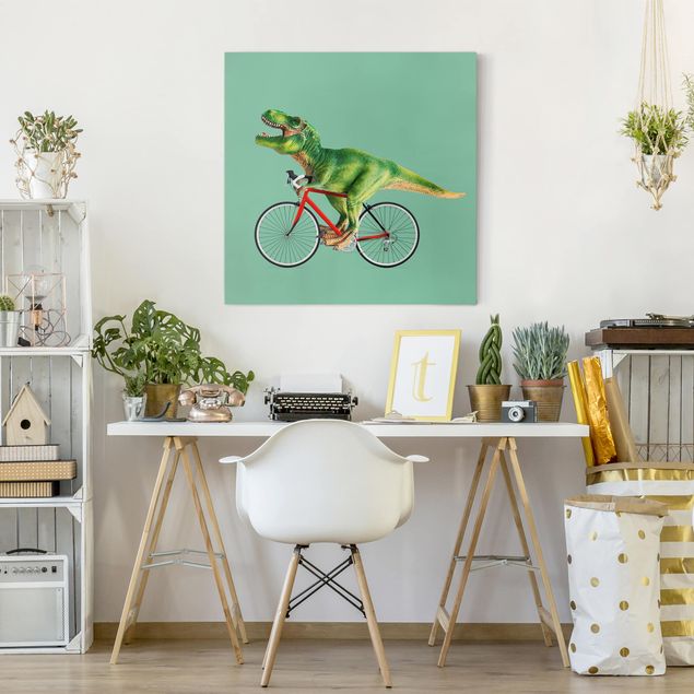 Canvas schilderijen Dinosaur With Bicycle