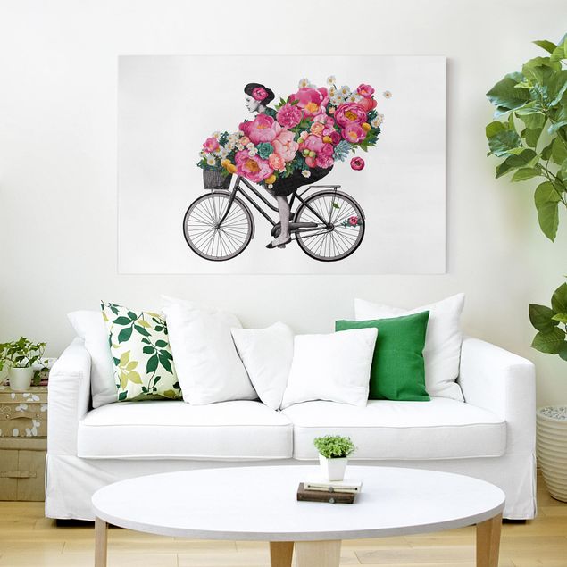 Canvas schilderijen Illustration Woman On Bicycle Collage Colourful Flowers