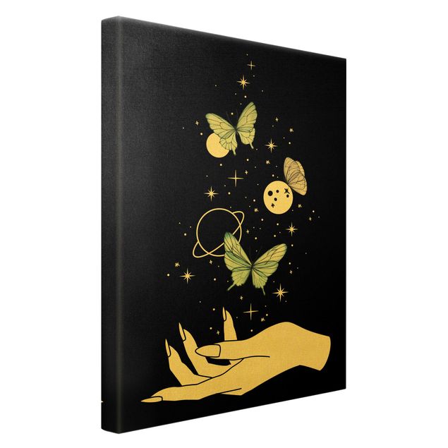 Canvas schilderijen - Goud Magical Hand - Butterflies And Planets