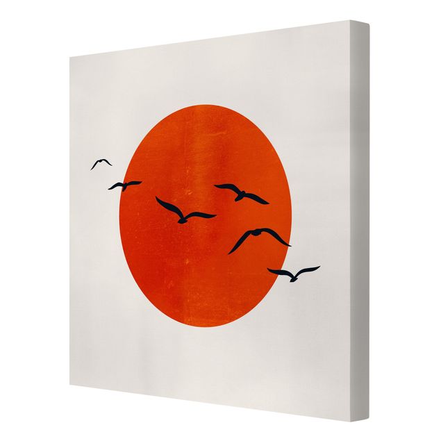 Canvas schilderijen Flock Of Birds In Front Of Red Sun I
