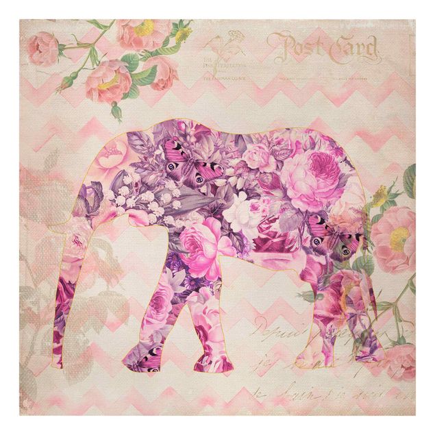 Canvas schilderijen Vintage Collage - Pink Flowers Elephant