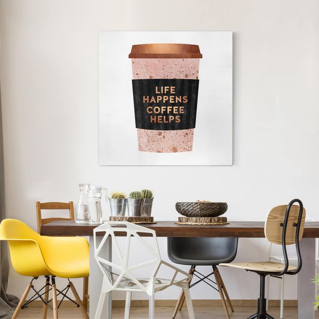 Canvas schilderijen Life Happens Coffee Helps Gold