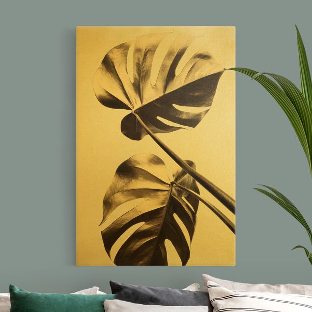 Canvas schilderijen - Goud Golden Monstera Leaves