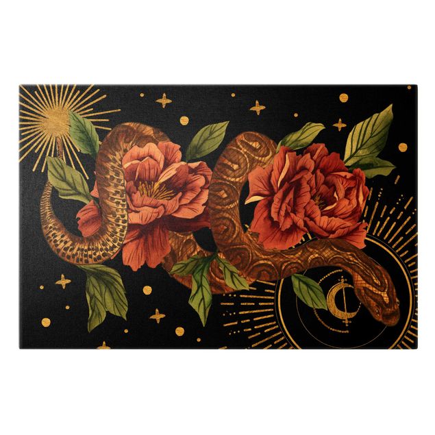 Canvas schilderijen - Goud Snakes With Roses On Black And Gold II