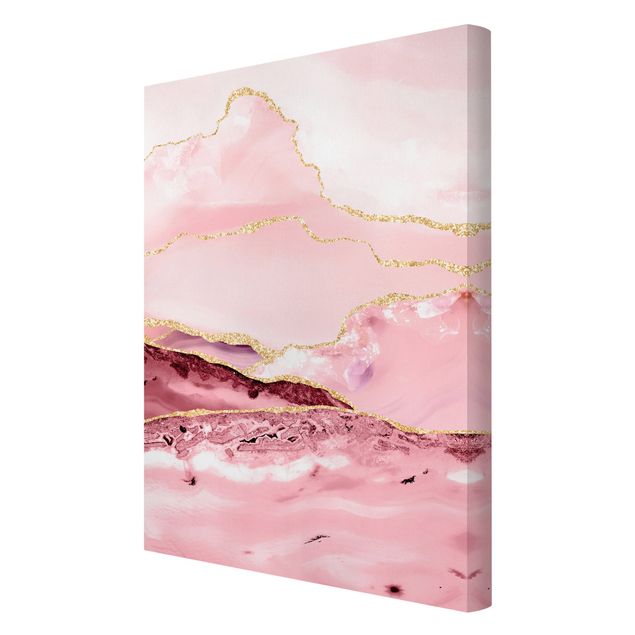 Canvas schilderijen Abstract Mountains Pink With Golden Lines