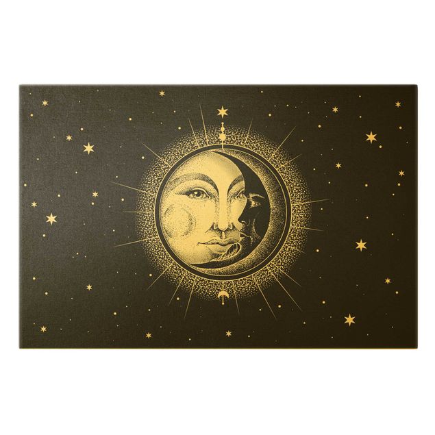 Canvas schilderijen - Goud Vintage Sun And Moon Illustration