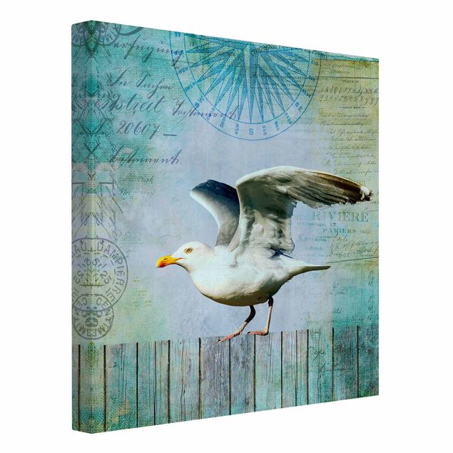 Canvas schilderijen Vintage Collage - Seagull On Wooden Planks