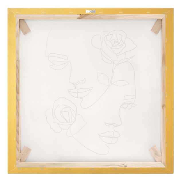 Canvas schilderijen - Goud Line Art Faces Women Roses Black And White