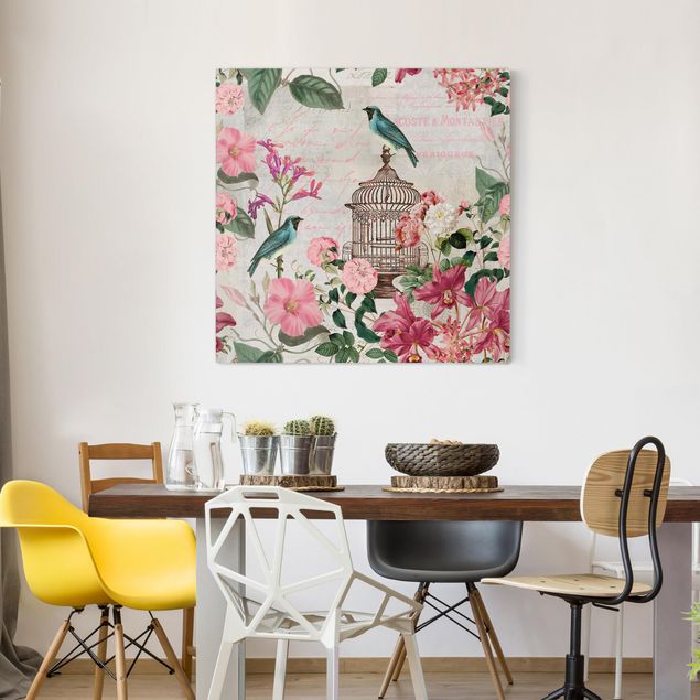 Canvas schilderijen Shabby Chic Collage - Pink Flowers And Blue Birds