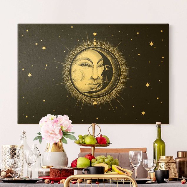 Canvas schilderijen - Goud Vintage Sun And Moon Illustration