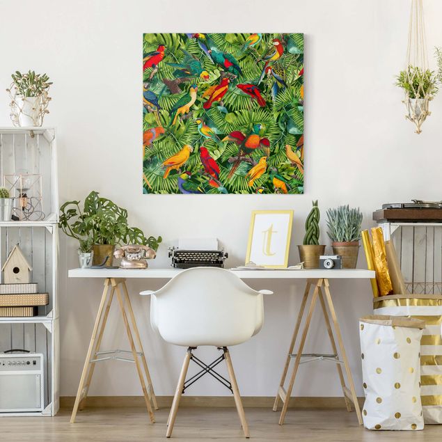 Canvas schilderijen Colourful Collage - Parrots In The Jungle
