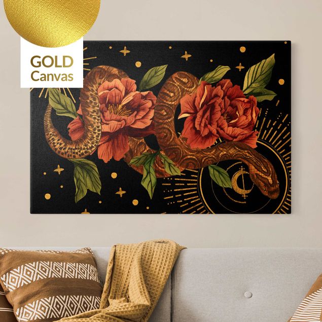Canvas schilderijen - Goud Snakes With Roses On Black And Gold II