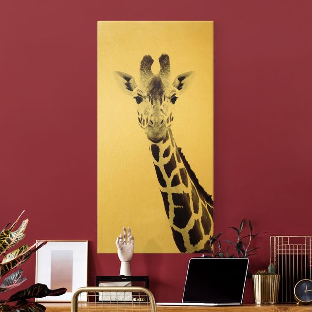 Canvas schilderijen - Goud Giraffe Portrait In Black And White