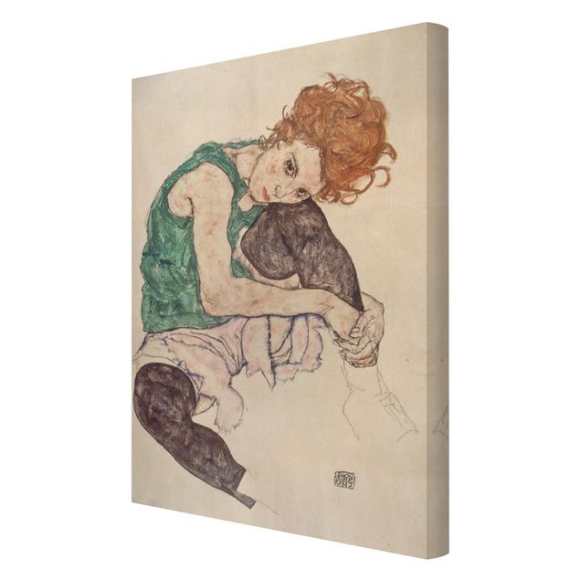 Canvas schilderijen Egon Schiele - Sitting Woman With A Knee Up