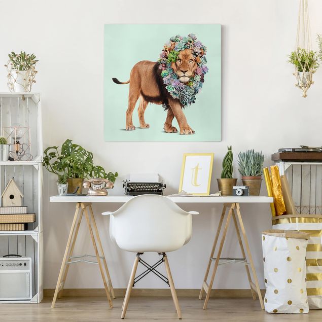 Canvas schilderijen Lion With Succulents