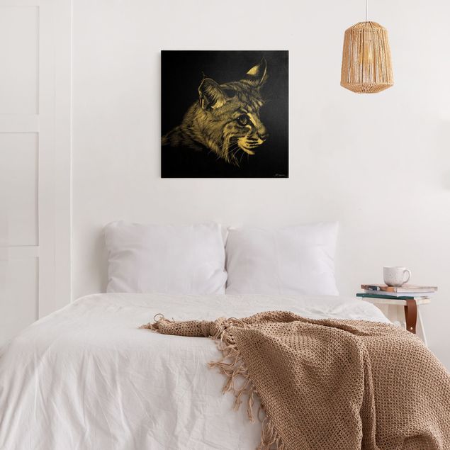 Canvas schilderijen - Goud Vintage Cat on Black Backdrop