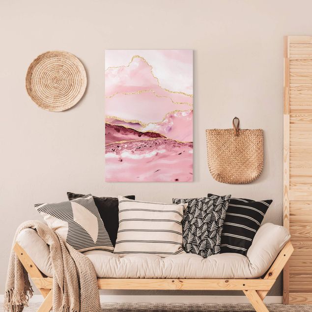 Canvas schilderijen Abstract Mountains Pink With Golden Lines