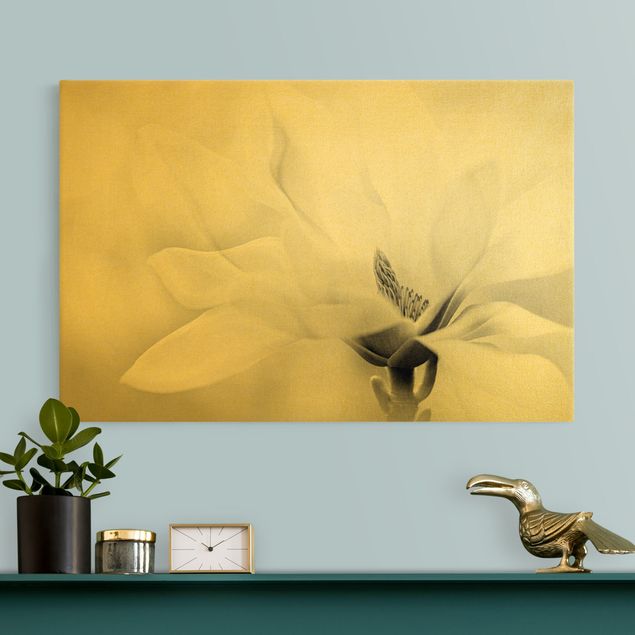 Canvas schilderijen - Goud Delicate Magnolia Flowers Black and White