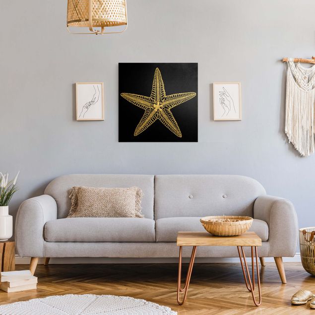Canvas schilderijen - Goud Illustration Starfish On Black