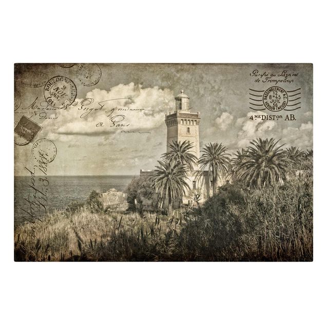 Canvas schilderijen Vintage Postcard With Lighthouse And Palm Trees