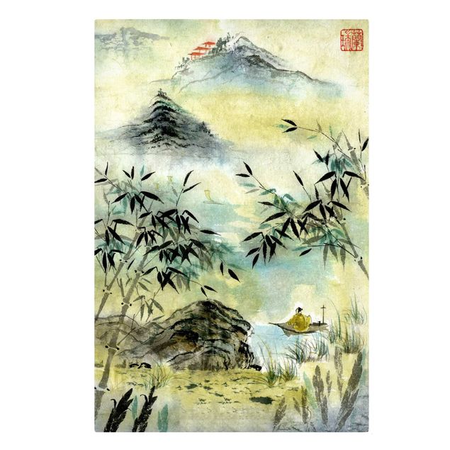 Canvas schilderijen Japanese Watercolour Drawing Bamboo Forest