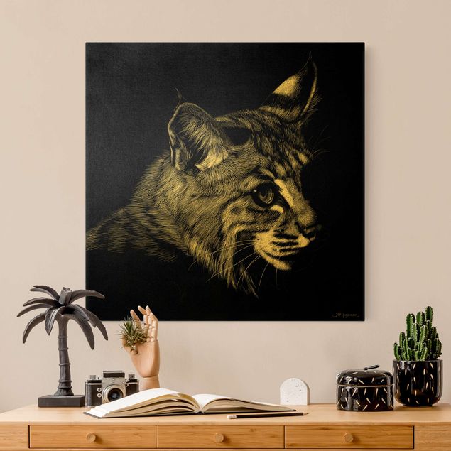 Canvas schilderijen - Goud Vintage Cat on Black Backdrop