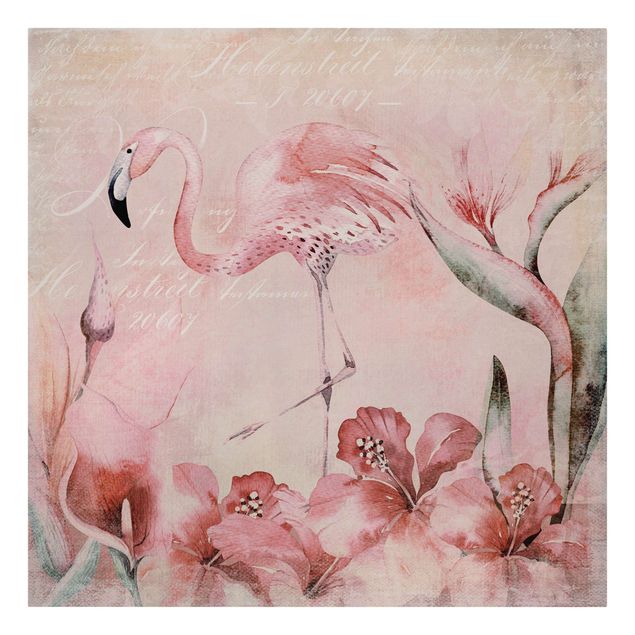 Canvas schilderijen Shabby Chic Collage - Flamingo