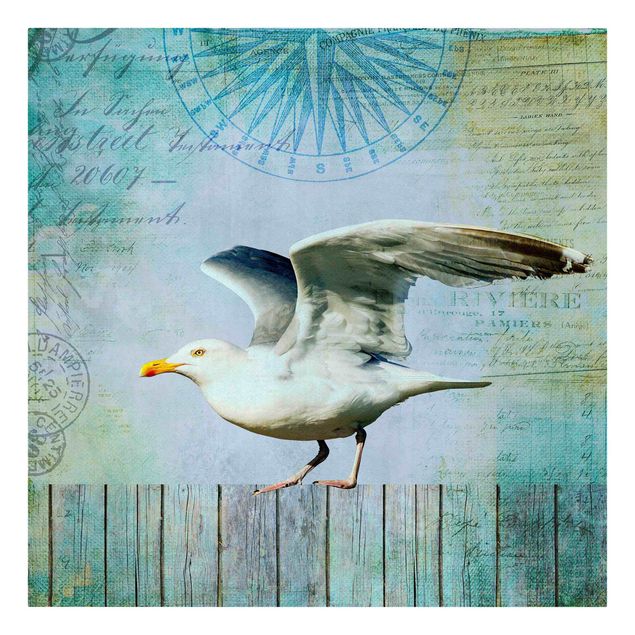 Canvas schilderijen Vintage Collage - Seagull On Wooden Planks